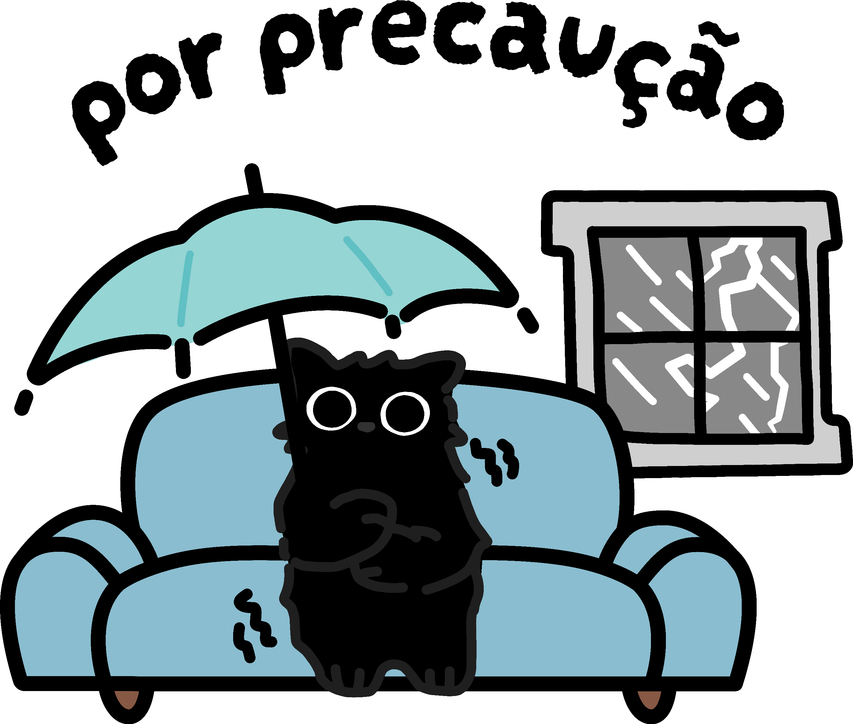 Estampa gato preto assustado com guarda-chuva, por precaução
